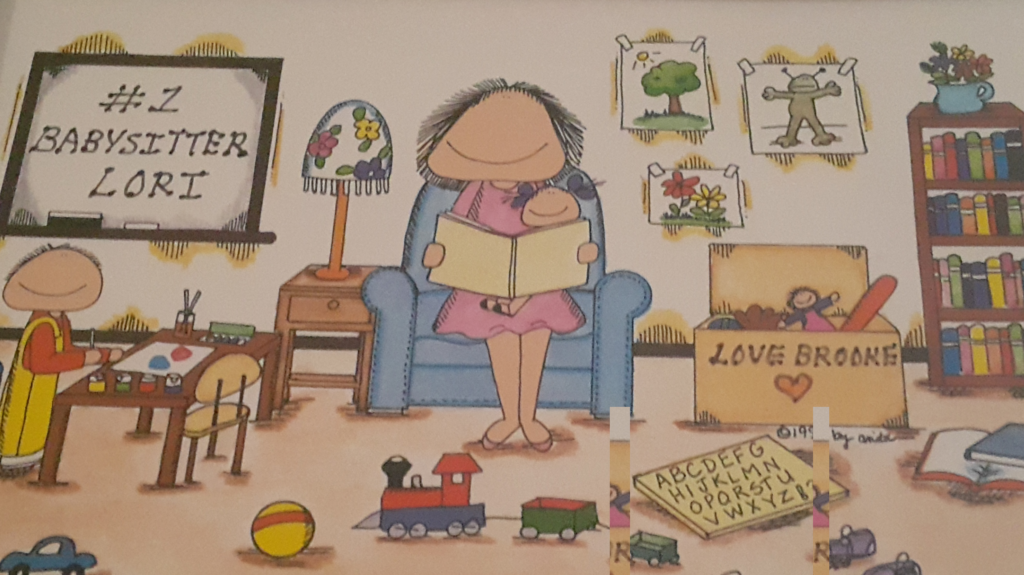 clipart image of woman reading to child on lap and other child in messy room with plaque on wall stating Lori #1 Babysitter