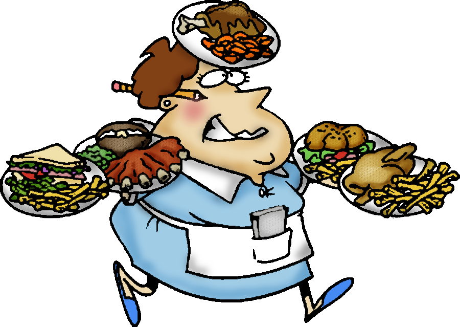 clip art image of older stout waitress carrying many plates